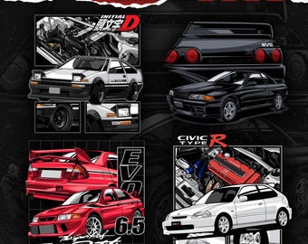 May include: A digital illustration bundle of five popular Japanese domestic market (JDM) cars. The cars are a red Honda Civic Type R, a white Honda Civic, a red Mitsubishi Lancer Evolution, a black Nissan Skyline GT-R, and a white Toyota AE86 Sprinter Trueno. The illustration is in a cartoon style and includes text that says "JDM Car Artwork Bundle by Car Tooned Graphic".
