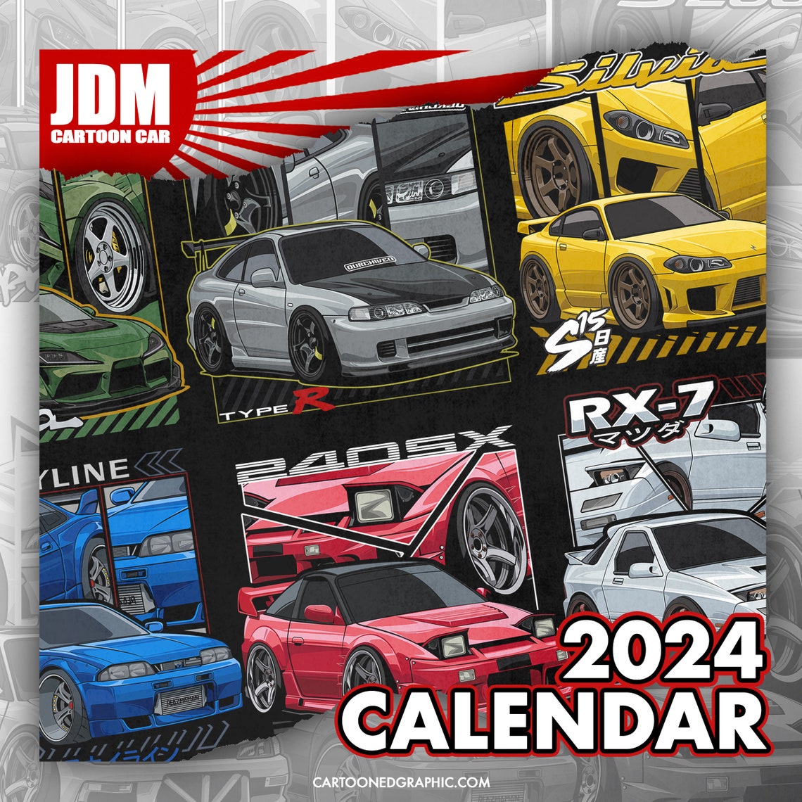 2024 Monthly Print Calendar, 2024 JDM Car Calendar, Monthly Planner
