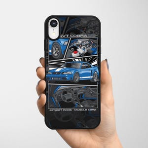 May include: Black phone case featuring a blue Ford SVT Cobra design. The case has a graphic of the car in multiple views, including the engine and interior. Text on the case reads "SVT COBRA" and "STREET RODS - MUSCLE CARS."