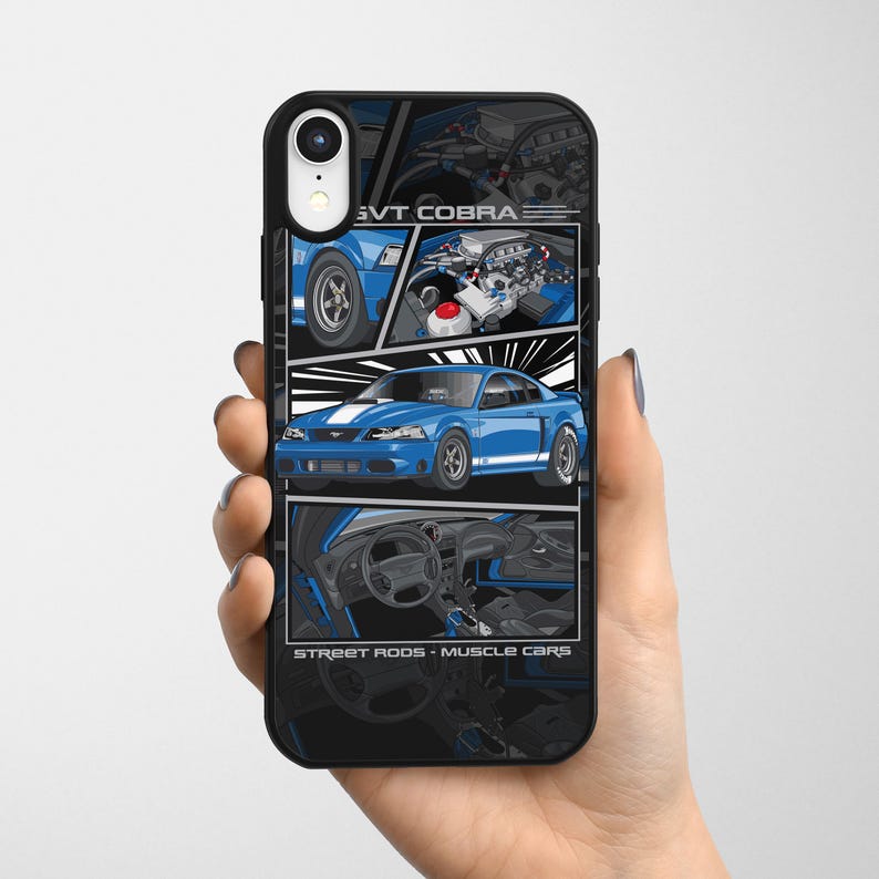 May include: Black phone case featuring a blue Ford SVT Cobra design. The case has a graphic of the car in multiple views, including the engine and interior. Text on the case reads "SVT COBRA" and "STREET RODS - MUSCLE CARS."