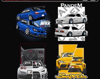 May include: A set of four JDM car themed t-shirt designs. The designs feature a blue Subaru WRX, a white Toyota Supra, a white Toyota AE86, and a white Nissan Skyline GT-R.
