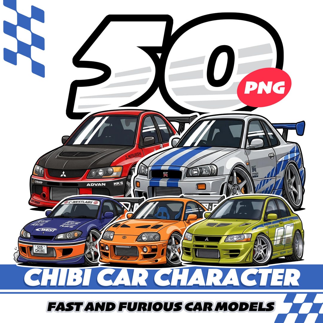 50 Chibi Racing Car Clipart Bundle PNG | Fast & Furious Inspired JDM ...