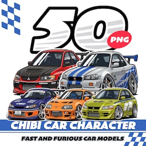 Op de afbeelding: Een digitale illustratie met vijf gestileerde sportwagens in chibi-stijl in rood, zilver, blauw, oranje en limoengroen. De afbeelding bevat de tekst 50 PNG, CHIBI CAR CHARACTER en FAST AND FURIOUS CAR MODELS met accenten van geblokte vlaggen.