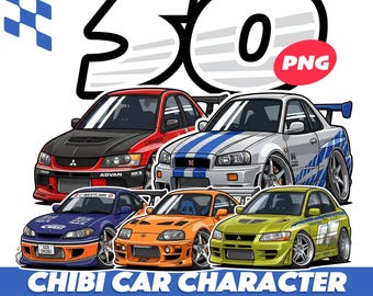 Pacchetto di 50 clipart di auto da corsa Chibi in formato PNG / Auto JDM in stile cartone animato ispirate a Fast & Furious / Download digitale per magliette, adesivi e decorazioni per la camera dei ragazzi