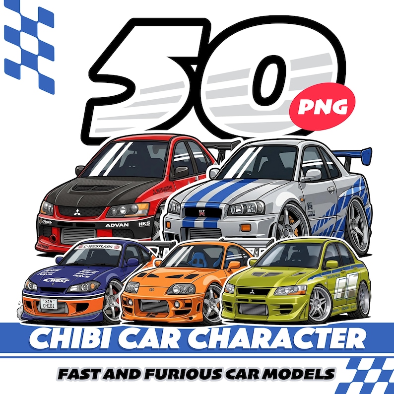 50 Chibi Racing Car Clipart Bundle PNG | Fast & Furious Inspired JDM ...