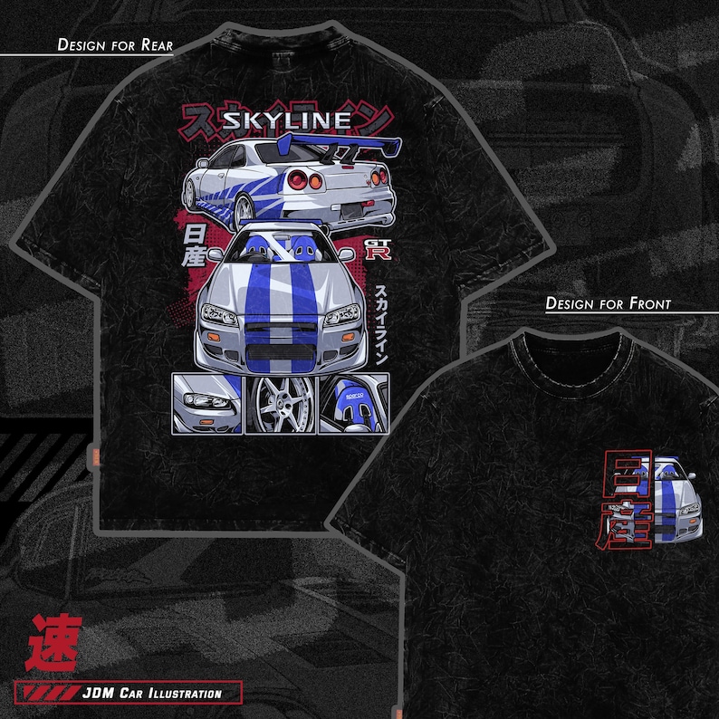 May include: Black t-shirt with a white and blue illustration of a Nissan Skyline GT-R car. The design includes Japanese text and the words "Skyline" and "GT-R".