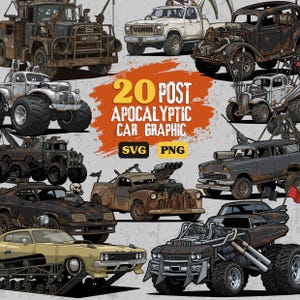 May include: A collection of 20 post-apocalyptic car graphics in various styles. The vehicles are rendered in a distressed, rusty aesthetic, with modified features like large tires, weaponry, and custom bodywork. The image includes the text "20 POST APOCALYPTIC CAR GRAPHIC" with "SVG" and "PNG" labels.