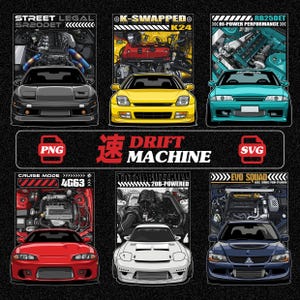 Puede incluir: Seis ilustraciones de coches con detalles del motor, cada una con un modelo diferente. Los diseños incluyen texto como "DRIFT MACHINE", "STREET LEGAL", "OK-SWAPPED" y "EVO SQUAD". La paleta de colores incluye negro, amarillo, rojo y azul.