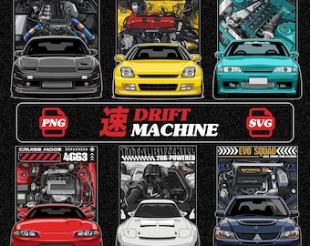 以下が含まれることがあります： エンジン詳細を備えた6台の車のイラストのコレクション。それぞれ異なるモデルです。「DRIFT MACHINE」、「STREET LEGAL」、「OK-SWAPPED」、「EVO SQUAD」などのテキストが含まれています。カラーパレットには、黒、黄色、赤、青が含まれています。