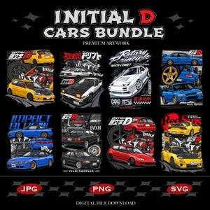 JDM auto SVG-bundel, Initial D anime vectorafbeeldingen, Japanse driftauto PNG, T-shirt ontwerp, AE86 RX7 straatrace digitale download