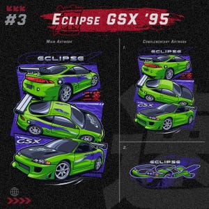 May include: A green and purple Mitsubishi Eclipse GSX '95 car illustration with the text 'ECLIPSE' and 'GSX' on the car. The car is shown in three different angles. The image also includes the text '#3' and 'COMPLEMENTARY ARTWORK'.