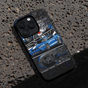 May include: A blue and black phone case featuring a comic-style illustration of a blue muscle car. The design includes images of the car's engine, interior, and exterior. The text "STREET RODS - MUSCLE CARS" is printed on the bottom.