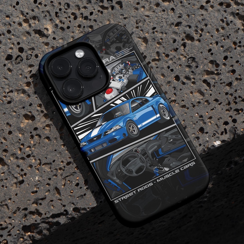 May include: A blue and black phone case featuring a comic-style illustration of a blue muscle car. The design includes images of the car's engine, interior, and exterior. The text "STREET RODS - MUSCLE CARS" is printed on the bottom.
