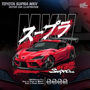 Puede incluir: Ilustración vectorial de un coche Toyota Supra MKV rojo. La imagen presenta el texto "Supra" en blanco y caracteres japoneses. La ilustración incluye un alerón trasero y el texto "RED Supra".