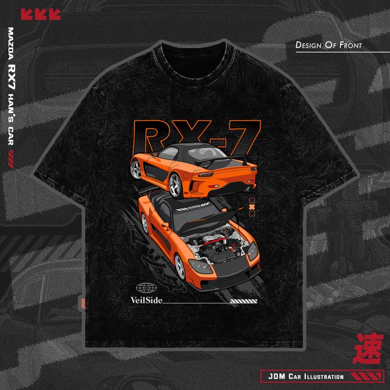 May include: Black t-shirt featuring an orange Mazda RX-7 illustration. The design includes the text "RX-7" and "VeilSide." The graphic shows the car from the front and back. Additional text includes "JDM Car Illustration" and "Design of Front."