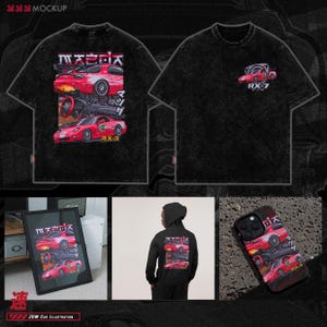 May include: A black t-shirt with a red and white graphic of a Mazda RX-7 car. The graphic includes Japanese text that says "Mazda" and "RX-7".