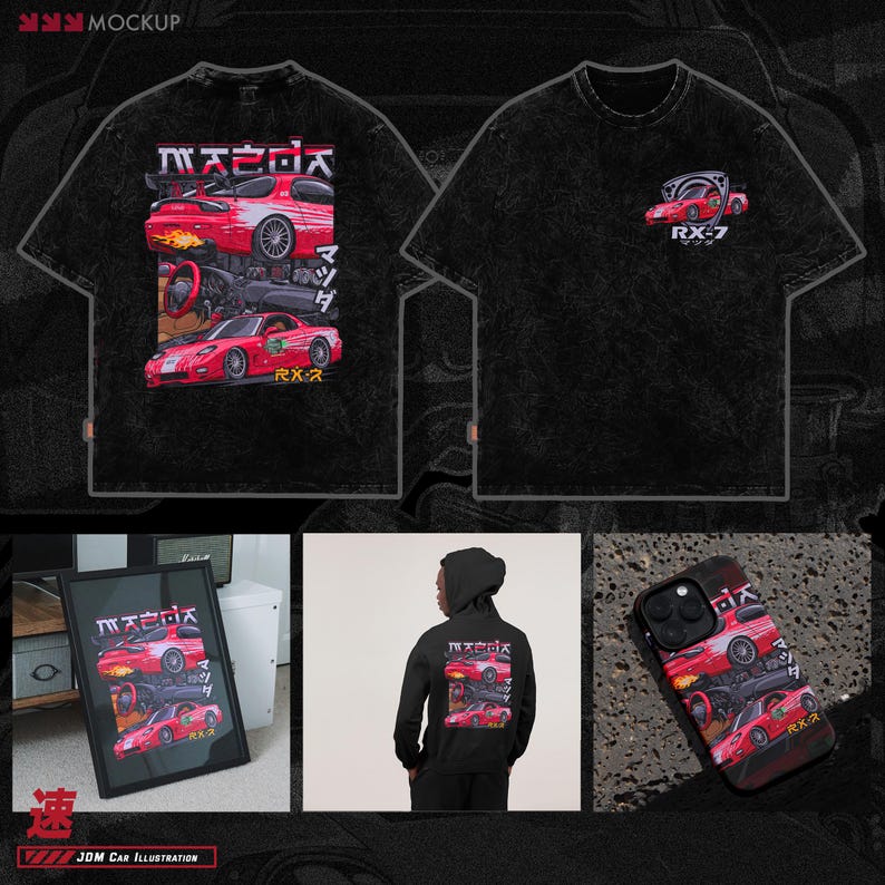 May include: A black t-shirt with a red and white graphic of a Mazda RX-7 car. The graphic includes Japanese text that says "Mazda" and "RX-7".