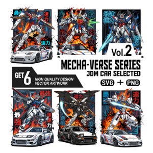 Gundam JDM-bilillustrationspaket SVG PNG | Anime-robotbilgrafik för t-shirtdesign, streetwear, klistermärken, affischer
