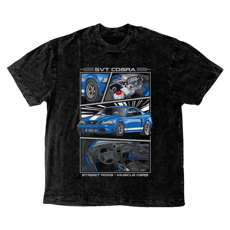 May include: Black mineral wash t-shirt featuring a graphic of a blue SVT Cobra car. The graphic includes detailed illustrations of the car's exterior, engine, and interior. Text reads "SVT Cobra" and "Street Rods - Muscle Cars."