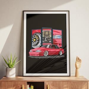 May include: A framed illustration of a red sports car with detailed sections of the wheel, engine, and front end. The car is depicted in a stylized, cartoon-like manner, set against a black background.