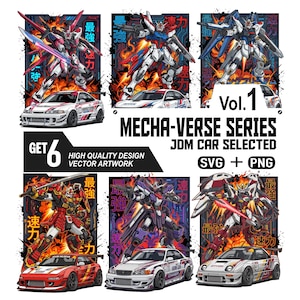 Può includere: Un set di opere d'arte digitali con sei design della "Mecha-Verse Series". Ogni design mostra un'auto JDM abbinata a un robot, su uno sfondo vibrante. I design includono il testo "Vol. 1", "JDM Car Selected" e "SVG + PNG".