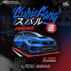 Könnte beinhalten: Blaue Subaru WRX STI Vektor-Autoillustration mit japanischem Text und dem Wort "POWERED". Das Bild enthält den Text "Cuhiefang" in Blau und "EJ20" in Rot. Das Auto wird dynamisch und stilisiert dargestellt.