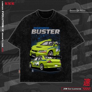 May include: Black t-shirt with a graphic of two lime green cars, one above the other. The text "REMEMBER THE BUSTER" is above the cars. The shirt also has the text "LANCER EVOLUTION IX BRIAN'S CAR" and "JDM CAR ILLUSTRATION".