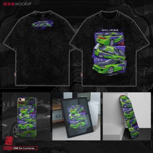 May include: A black t-shirt with a green and purple illustration of a Mitsubishi Eclipse car. The illustration features three different versions of the car, with the text "Eclipse" and "GSX" visible. The t-shirt is shown on a mockup, along with a phone case, a framed print, and a skateboard, all featuring the same design.