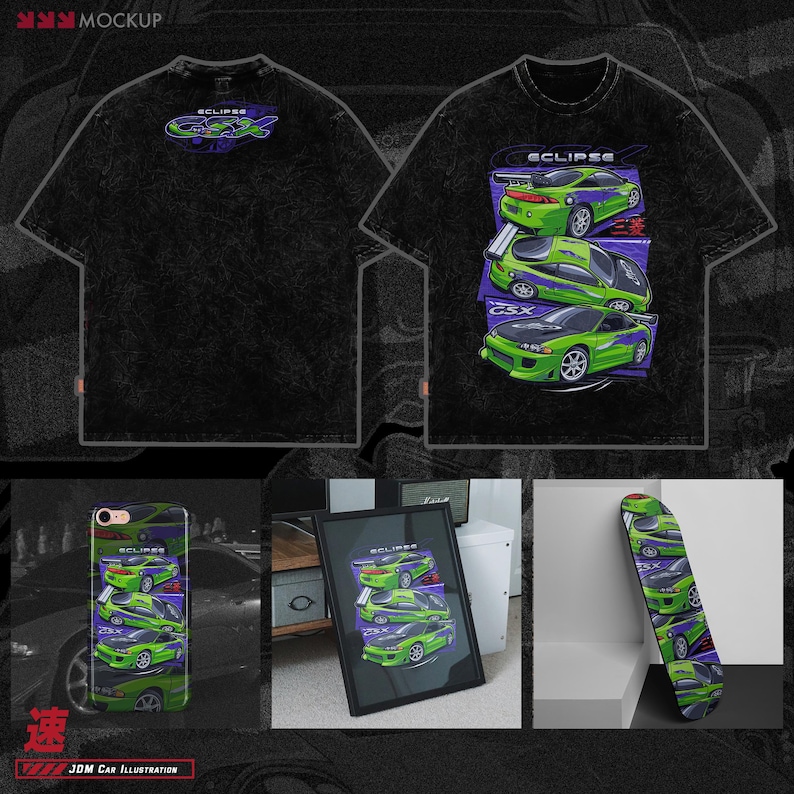 May include: A black t-shirt with a green and purple illustration of a Mitsubishi Eclipse car. The illustration features three different versions of the car, with the text "Eclipse" and "GSX" visible. The t-shirt is shown on a mockup, along with a phone case, a framed print, and a skateboard, all featuring the same design.