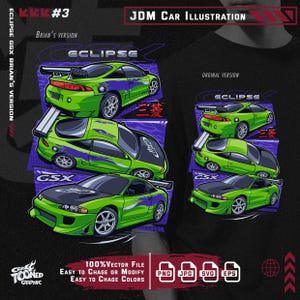 Könnte beinhalten: Eine digitale Illustration eines grünen Mitsubishi Eclipse GSX mit violetten und weißen Akzenten. Das Auto wird in drei verschiedenen Perspektiven gezeigt, mit dem Text "ECLIPSE" und "GSX" auf dem Auto. Der Text "JDM CAR ILLUSTRATION" befindet sich oben im Bild. Der Text "BRIAN'S VERSION" befindet sich unter dem Auto auf der linken Seite des Bildes. Der Text "ORIGINAL VERSION" befindet sich unter dem Auto auf der rechten Seite des Bildes.