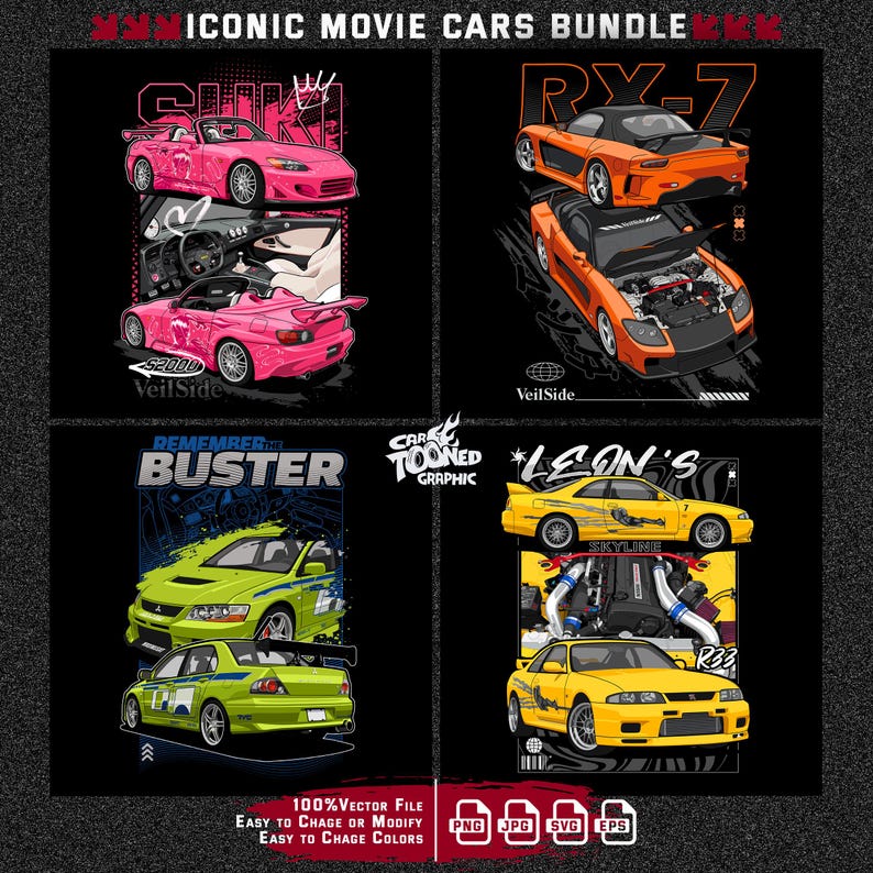 May include: A black graphic featuring four iconic movie cars: a pink S2000, an orange RX-7, a green Mitsubishi Lancer Evolution, and a yellow Nissan Skyline R33. Each car is illustrated in a stylized, cartoon-like design.