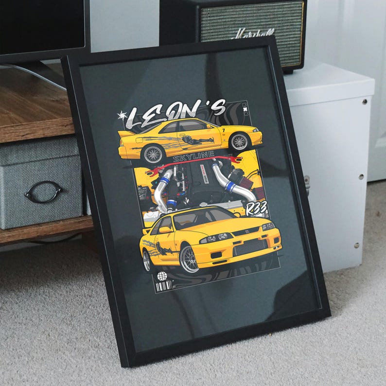May include: Framed art print featuring a yellow sports car illustration. The artwork includes the text "LEON'S" and "SKYLINE" with the car model "R33" visible. The print is in a black frame.