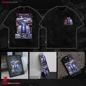 May include: A black t-shirt with a white and blue illustration of a Nissan Skyline car. The illustration includes Japanese text that says "Skyline" and "Drifting". The t-shirt is available in a variety of sizes and colors.