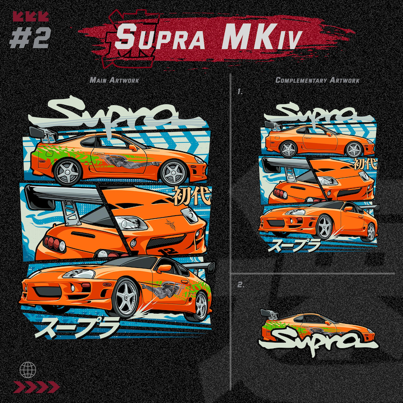 May include: A digital illustration of a bright orange Toyota Supra MKIV sports car. The car is shown in multiple angles and poses, with the text "Supra" and Japanese characters. The background is a blue and white checkered pattern.