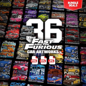 May include: A collection of 36 "Fast and Furious" car artworks, featuring various car models in vibrant colors. The image includes PNG, SVG, and JPG file formats, with a "Bundle Deals" banner in the top right corner.