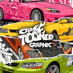 May include: A graphic design featuring stylized illustrations of several sports cars in vibrant colors. The design includes a pink car, a yellow car, an orange car, and a green car. The text "CAR TOONED GRAPHIC" is prominently displayed.