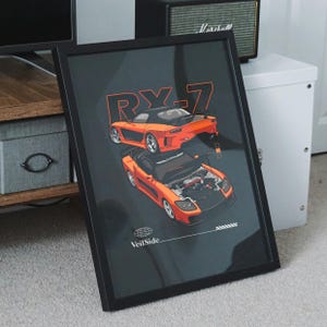 May include: Framed art print featuring two orange RX-7 car illustrations on a dark gray background. The top car shows the rear, while the bottom car has its hood open. The text "RX-7" and "VeilSide" are visible.