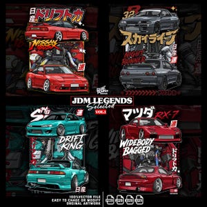 Puede incluir: Ilustración gráfica de cuatro diseños de coches JDM (Japanese Domestic Market) en rojo, turquesa y gris, con textos y frases en japonés. La imagen incluye el texto "JDM Legends Selected Vol. 1."