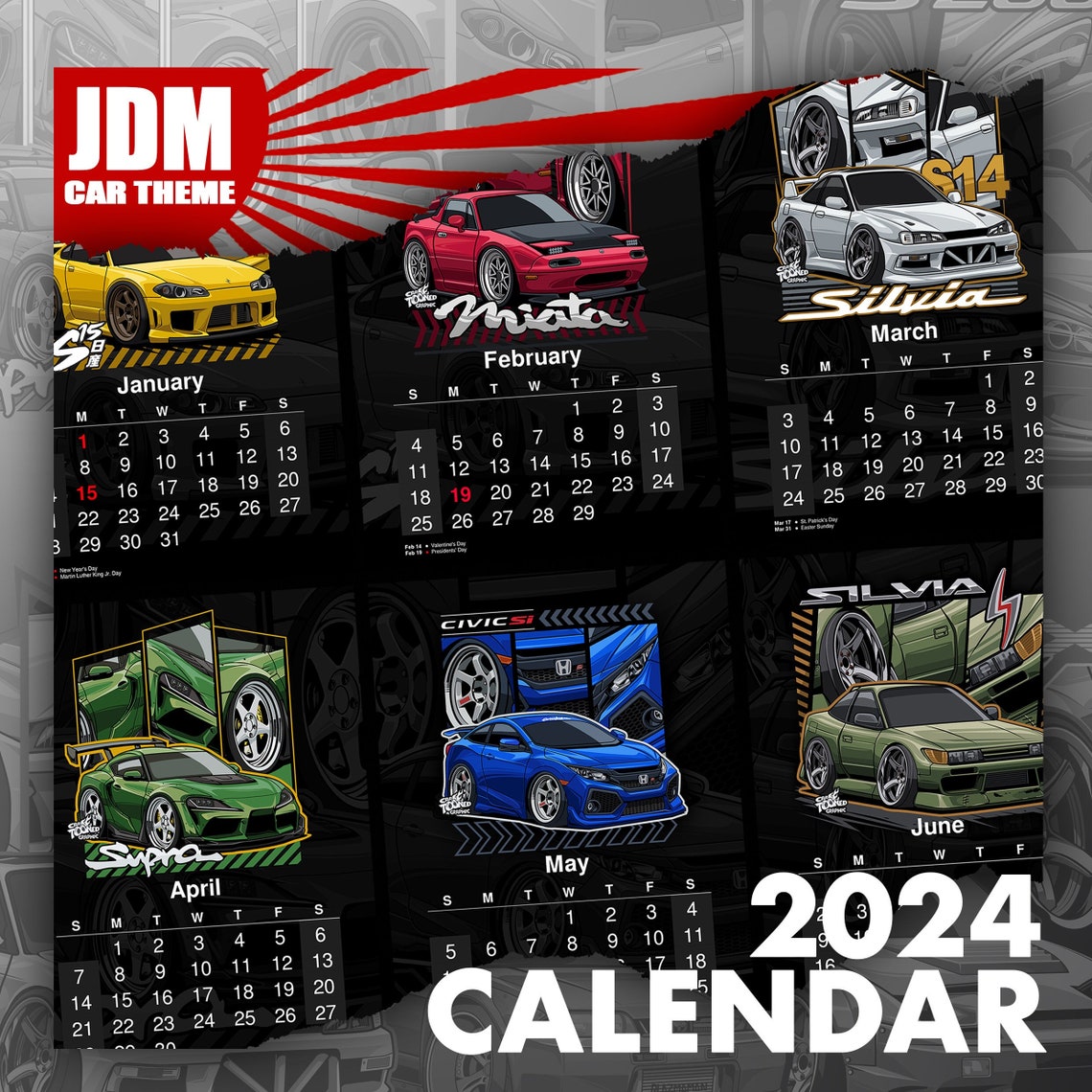 2024 Monthly Print Calendar, 2024 JDM Car Calendar, Monthly Planner