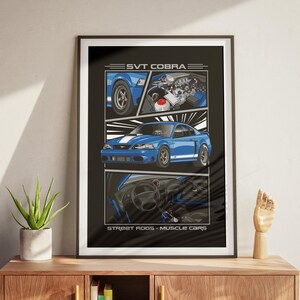 May include: A framed poster featuring a blue SVT Cobra car. The poster has three panels showing the car's details, including the engine, exterior, and interior. The text "SVT COBRA" and "STREET RODS - MUSCLE CARS" are displayed.