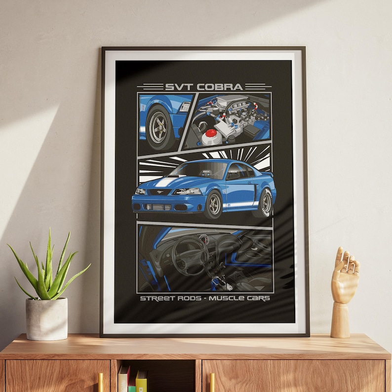 May include: A framed poster featuring a blue SVT Cobra car. The poster has three panels showing the car's details, including the engine, exterior, and interior. The text "SVT COBRA" and "STREET RODS - MUSCLE CARS" are displayed.
