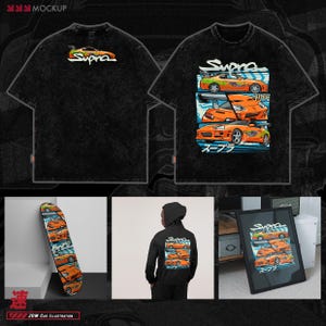 May include: A black t-shirt with a graphic print of a orange Supra car. The graphic also includes the word "Supra" in white text and Japanese text. The t-shirt is shown on a black background.