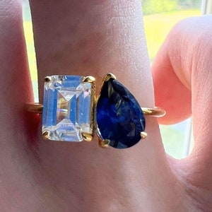 Sapphire Toi et Moi Ring in 18K Yellow Gold Over Sterling Silver | Women's Fashion, Promise Ring | Double Two Stone Emrata Emily Ring