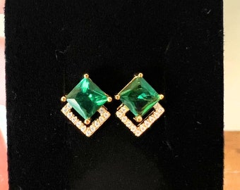 Lab Grown Emerald Green Dress Earrings | Princess Cut, 6x6mm | 18K Yellow Gold Over Sterling Silver | May Birthstone, Women's Green Gemstone