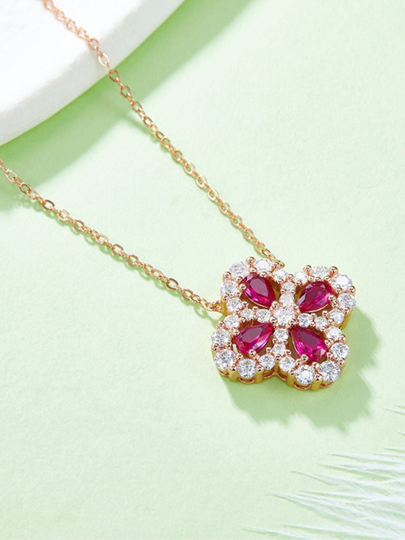 Ruby Flower Necklace With Zircon in 18K Rose Gold Over Sterling Silver ...