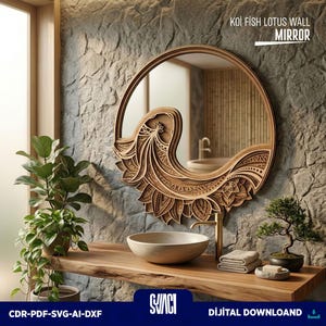 Peut inclure: Un miroir rond en bois avec un motif détaillé de carpe koï et de lotus. Le miroir est monté sur un mur en pierre au-dessus d'une étagère en bois. Le texte "KOI FISH LOTUS WALL MIRROR" est visible.