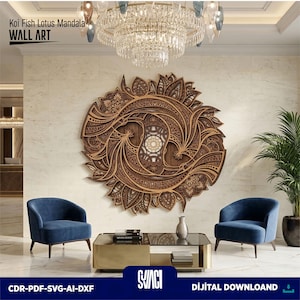 Könnte beinhalten: Ein großes, aufwendig gestaltetes Wandkunstwerk aus Holz mit einem Koi-Fisch-Lotus-Mandala-Muster. Das Kunstwerk ist braun und weist detaillierte lasergeschnittene Schichten auf. Der Text oben lautet "Koi Fish Lotus Mandala WALL ART". Der Text unten lautet "CDR-PDF-SVG-AI-DXF" und "DİJİTAL DOWNLOAND".