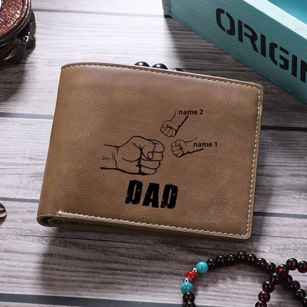 Custom Dad and Kids Name Fist Photo Wallet,PU Leather Wallet,Personalized Father's Day Gifts for Men Husband,Father,New Dad Gift for Him