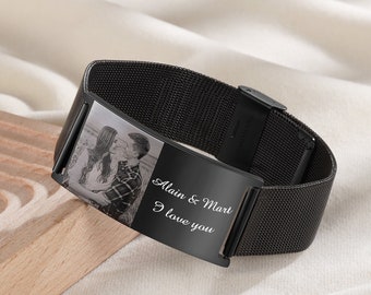 Personalized Mens Photo Bracelet,Custom Text Bracelet,Men's Wide Bracelet,Engraved Bracelet,Gifts for Father,Birthday Gift,Gifts for Him