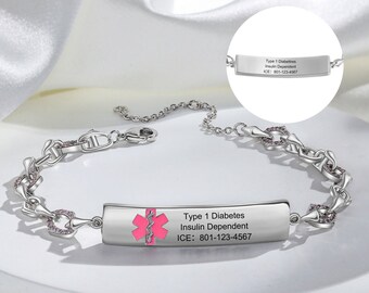 Personalized Women Medical Bracelet,Medical Alert Jewelry,Front and Back Engraved Bracelet,Alert ID Bracelet for Epilepsy and Heart Patients